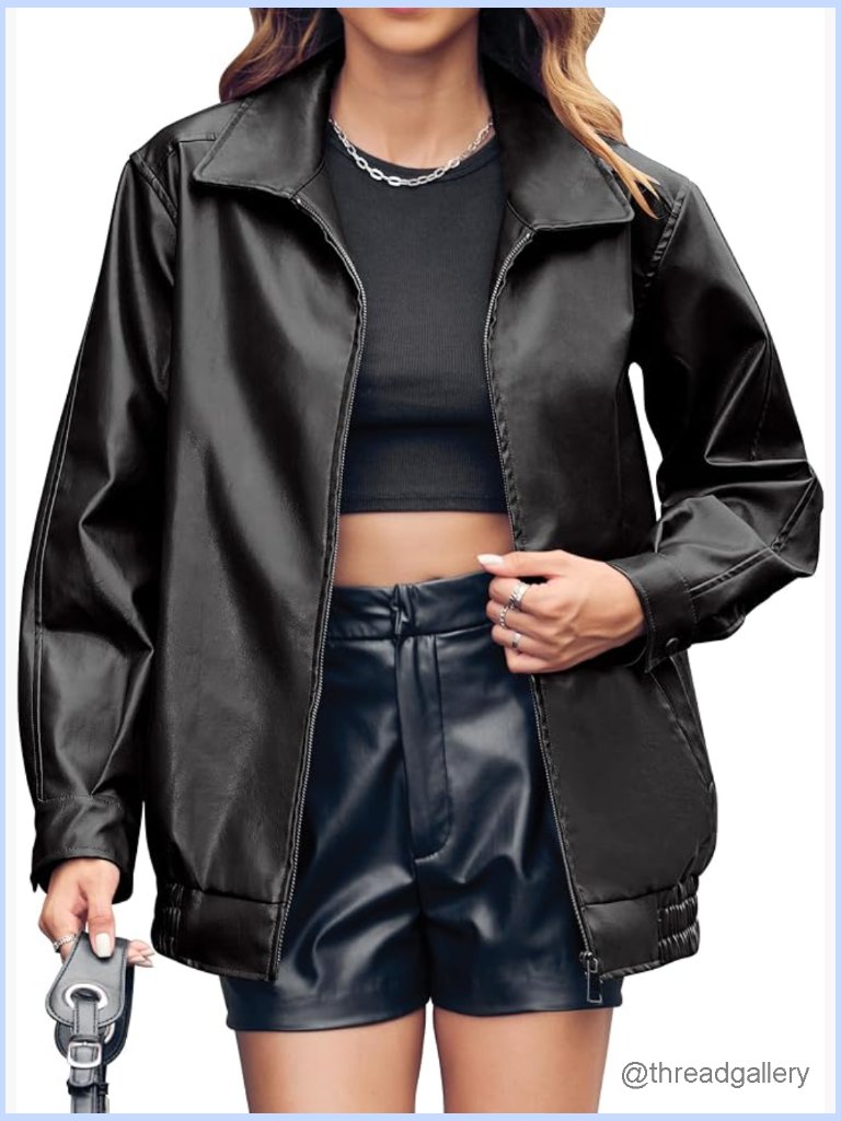Oversized Faux Leather Bomber Jacket Zip Up Moto Coat